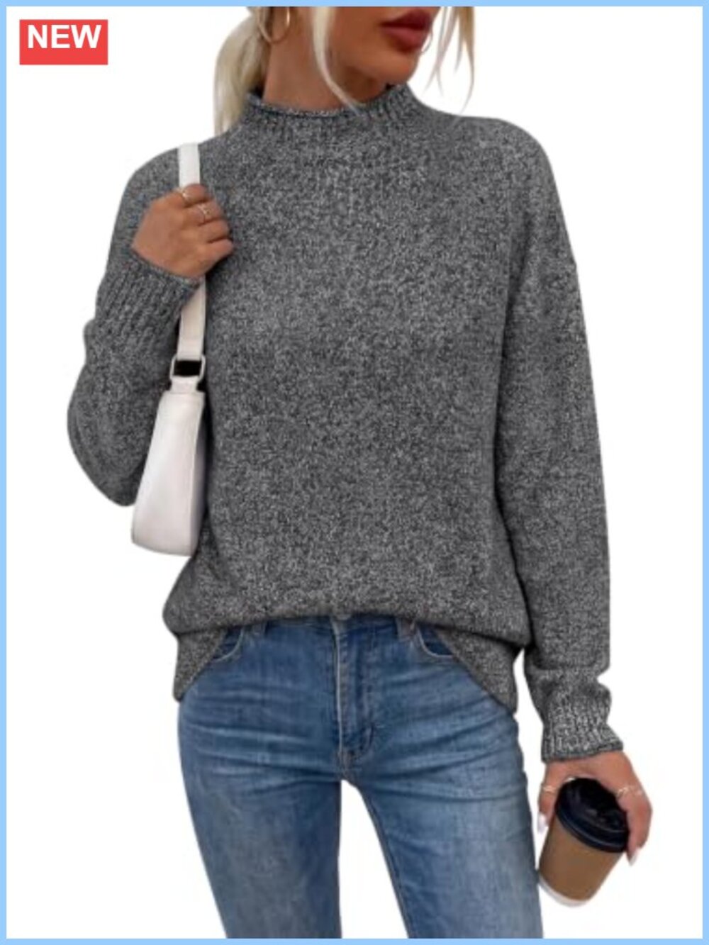 Mock Neck Ribbed Knit Pullover Sweater Loose Fit Long Sleeve Fall Outfit